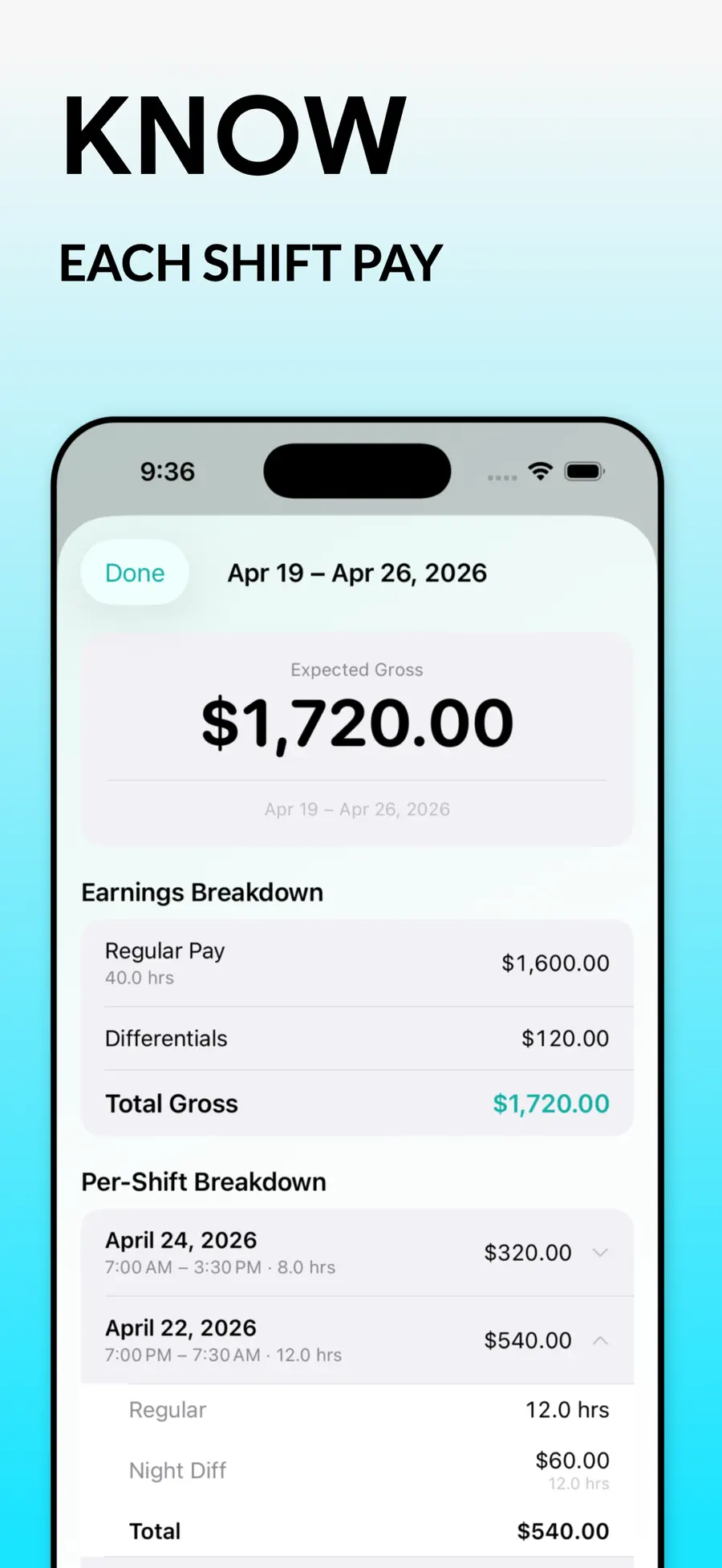 Differential setup for night, weekend and charge-nurse pay