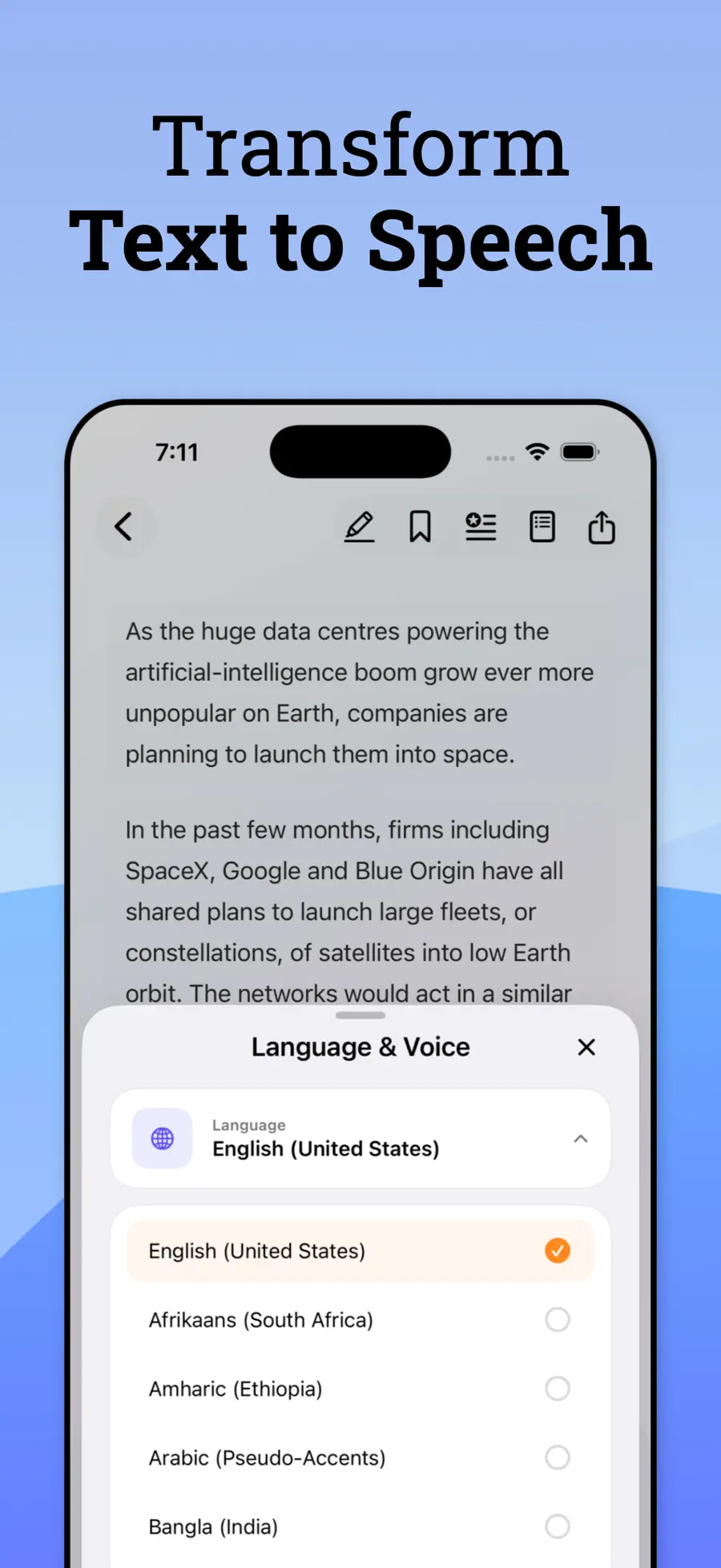 Library of saved texts with playback progress